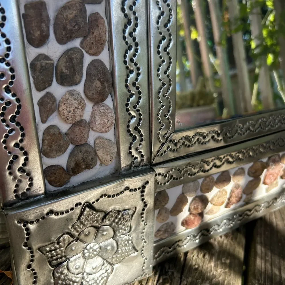 Mexican Tin Mirror Handcrafted - Rocks & Flowers 29" x 25" - Picture 6 of 16